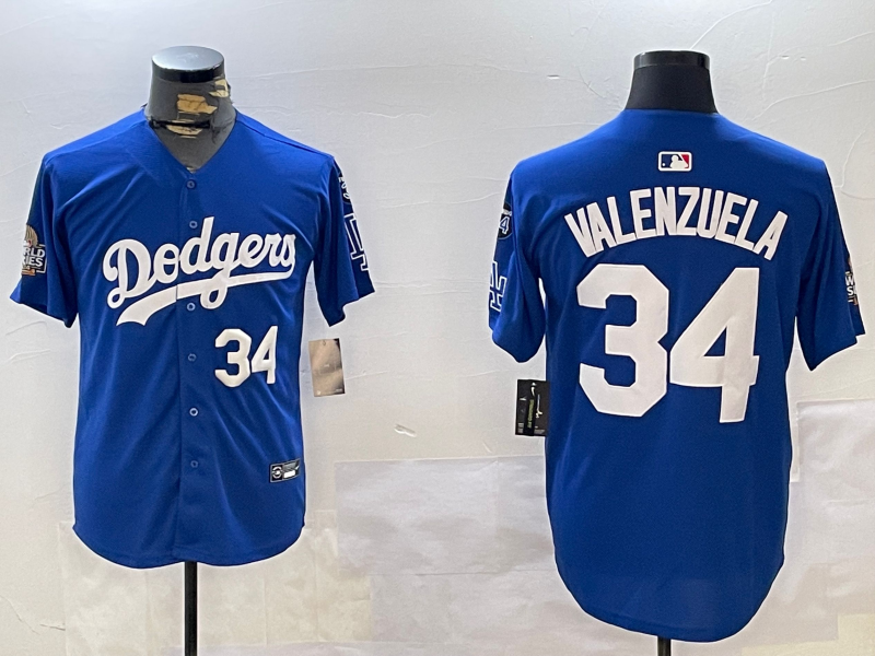 Men Los Angeles Dodgers #34 Valenzuela 2024 World series patch blue jersey 20241120121